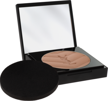 Otwarty puder YSL All Hours Hyper Finish Powder w czarnej kasetce z lusterkiem i brązowym pudrem, obok gąbeczka.
