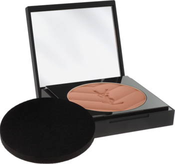 Otwarty kompakt YSL All Hours Hyper Finish Powder w odcieniu beżu z lusterkiem i czarną gąbeczką obok.