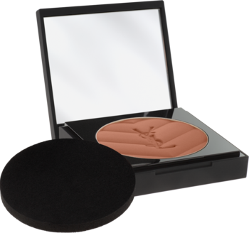 YSL All Hours Hyper Finish Powder: otwarta czarna puderniczka z lusterkiem, brązowy puder z logo, obok gąbka.
