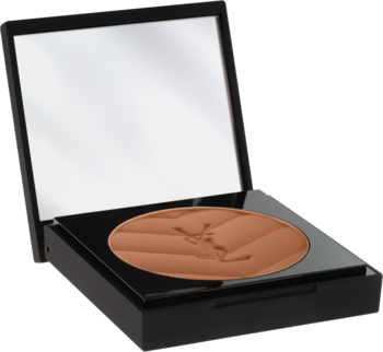 Otwarty, czarny bronzer YSL All Hours Hyper Bronze Golden Medina z lustrem. Brązowy puder z wytłoczonym logo i falistym wzorem.