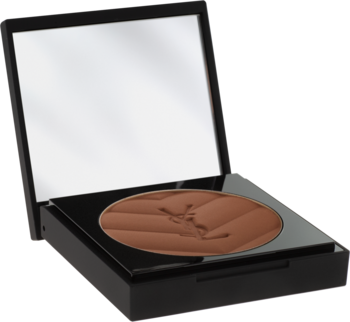 Otwarty czarny kompakt YSL All Hours Hyper Bronze Warm Sandalwood z lusterkiem, brązowy bronzer z logo, matowe wykończenie.