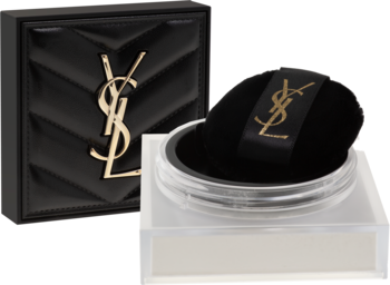 YSL All Hours Hyper Blur puder sypki, czarne pikowane etui ze złotym logo, transparentny słoiczek z puszkiem.