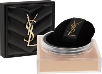 YSL All Hours Hyper Blur puder sypki. Transparentny pojemnik z czarnym puszkiem i pikowane czarne etui YSL.