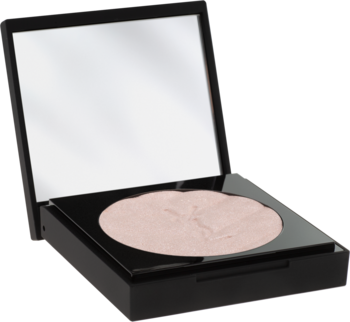 Otwarty czarny kompakt YSL All Hours Hyper Luminize Libertyne. Widać jasnoróżowy rozświetlacz z wytłoczonym wzorem i lustro w wieczku.