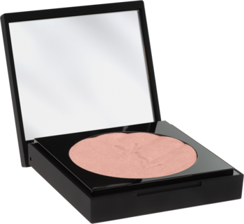 Rozświetlacz Yves Saint Laurent All Hours Hyper Luminize Rosy Sand, jasnoróżowy puder w otwartym czarnym etui z lusterkiem.