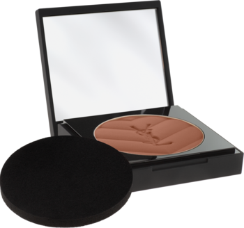 Puder YSL All Hours Hyper Finish, brązowy kompakt otwarty z lusterkiem, obok czarna gąbeczka do aplikacji.