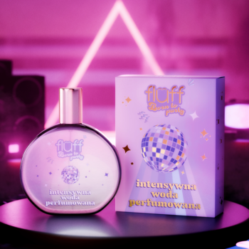 Fluff Born to Party woda perfumowana w okrągłej butelce i pudełku z motywem disco na neonowym tle.