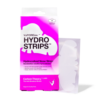 Carbon Theory Hydro Strips, różowe pudełko z 8 przezroczystymi hydrokoloidowymi plastrami na nos z niacynamidem.