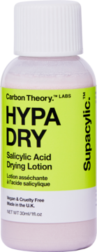 Lotion Carbon Theory Supacylic HYPA DRY Salicylic Acid, biała butelka z różowym płynem, zielona etykieta, przód.