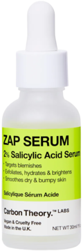 Serum Carbon Theory Zap 2% Salicylic Acid do cery trądzikowej, biała butelka z zieloną etykietą, przód.