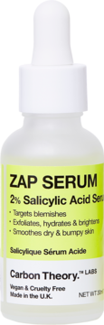 Serum Carbon Theory Zap z 2% kwasem salicylowym w białej butelce z kroplomierzem, widok z przodu.
