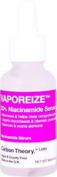 Vaporeize 20% Niacinamide Serum w przezroczystej butelce z kroplomierzem, różowa etykieta, widok z przodu.