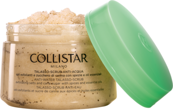 Otwarty słoik Collistar Talasso-Scrub Anti-Acqua, peeling solny z kawą i cukrem, obok zielone wieczko.