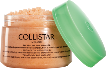 Otwarty słoik Collistar Talasso Anti-Eta, pomarańczowy peeling do ciała z widoczną ziarenkową teksturą.