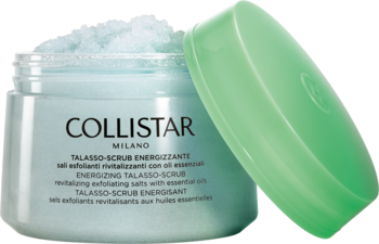 Collistar Milano Talasso-Scrub, energetyzujący peeling do ciała w otwartym, turkusowym słoiku, z widocznymi solami i zielonym wieczkiem.