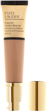 Estée Lauder Futurist Hydra Rescue, nawilżający podkład SPF 45. Beżowo-brązowa tuba ze złotą pompką i odkręconą nakrętką.