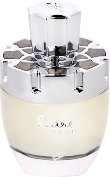 Afnan Rare Carbon woda perfumowana dla mężczyzn, jasna butelka ze srebrnym, geometrycznym korkiem, widok z przodu.