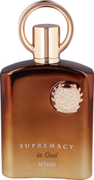 Afnan Supremacy In Oud, perfumy unisex w ciemnobrązowej butelce ze złotą nakrętką i emblemem, widok z przodu.