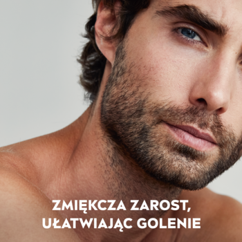 Mężczyzna z zarostem i tekst: NIVEA MEN zmiękcza zarost. Sensitive żel do mycia twarzy.