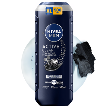 NIVEA MEN Active Clean, ciemnoniebieski żel pod prysznic 3w1 z węglem 500ml, widok z przodu na białym tle.