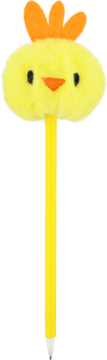 Pluszowy, żółty długopis w kształcie pisklęcia z pomarańczowym dziobem i grzebieniem, widok z przodu.