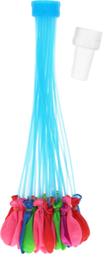 Zestaw do szybkiego napełniania, wiele kolorowych balonów wodnych na niebieskim łączniku z białym adapterem.