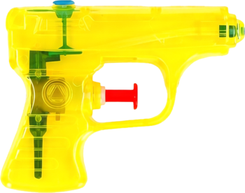 Przezroczysty żółty pistolet na wodę z widocznym zielonym mechanizmem i czerwonym spustem, widok z boku.