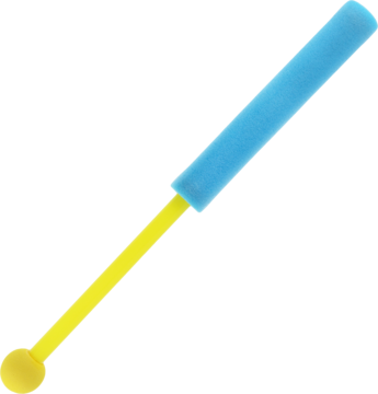 Niebiesko-żółty piankowy pistolet na wodę typu strzykawka, z długim żółtym tłokiem, widok z góry na czarnym tle.