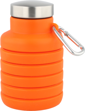 Pomarańczowa składana butelka na wodę Eloy 500ml z metalową zakrętką i karabińczykiem, widok z boku.