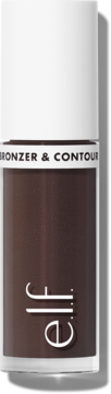 Ciemnobrązowy e.l.f. Camo Bronzer & Contour w płynie, butelka z białym aplikatorem, widok z przodu.