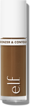e.l.f. Camo Liquid Bronzer & Contour, odcień Medium. Brązowy płyn w przezroczystej butelce z białą nakrętką, ujęcie z przodu.
