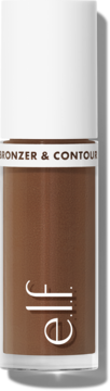 e.l.f. Camo Liquid Bronzer & Contour Tan Deep w przezroczystej butelce z białą nakrętką. Napisy: BRONZER & CONTOUR, e.l.f.