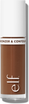 e.l.f. Camo Liquid Bronzer & Contour w odcieniu Deep, brązowa butelka z białym korkiem, widok z przodu.