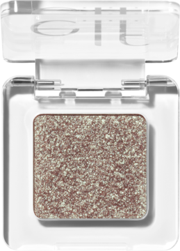 Brokatowy cień e.l.f. Fine as Fleck Straight Fire, jasny szampański odcień w otwartym białym opakowaniu.