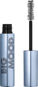 Otwarty tusz do rzęs e.l.f. Big Mood wodoodporny, z niebieskim opakowaniem i czarną szczoteczką klepsydrą.