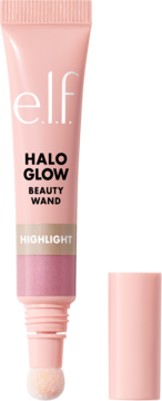 e.l.f. Halo Glow Beauty Wand Highlight, różowy rozświetlacz w płynie z aplikatorem, nakrętka obok.