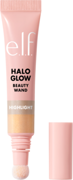 Różowa tubka e.l.f. Halo Glow Beauty Wand Highlight z odsłoniętym złotym rozświetlaczem i aplikatorem.
