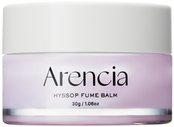 Balsam Arencia Hyssop Fume Balm w cylindrycznym lawendowym słoiczku z białą nakrętką, widok od frontu.