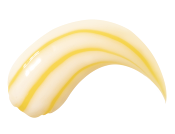 Próbka dwufazowego kremu/serum do pielęgnacji skóry, biała z żółtymi pasmami, gładka, bez lepkości.