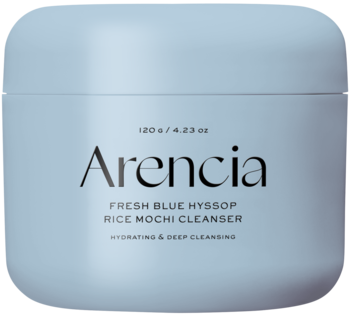 Arencia Fresh Blue Hyssop Rice Mochi Cleanser, nawilżający, w jasnoniebieskim, kwadratowym słoiku, widok z przodu.