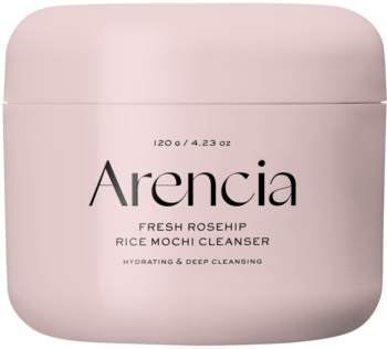 Różowy, kwadratowy słoik Arencia Fresh Rosehip Rice Mochi Cleanser 120g, matowe wykończenie, widok z przodu.