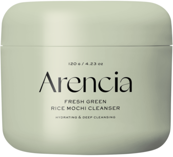 Arencia Fresh Green Rice Mochi Cleanser w bladozielonym, kwadratowym słoiku, widok z góry.
