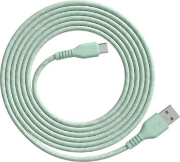 Miętowy kabel USB-A do USB-C do ładowania, zwinięty w okrąg, gładkie, matowe wykończenie, widok z góry.