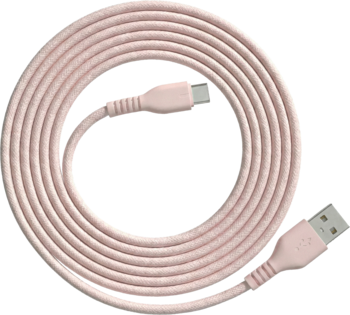 Różowy pleciony kabel USB-C do USB-A, zwinięty w spiralę. Widoczne metalowe końcówki, miękka tekstura.