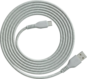 Biały kabel USB-A do USB-C zwinięty w okrąg, widok z góry. Widoczne końcówki USB-A i USB-C z osłonkami, do ładowania.