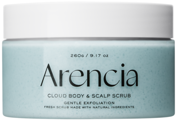 Arencia Fresh Cloud Body & Scalp Scrub w jasnoniebieskim słoiku 260g, biała pokrywka, widok z przodu.