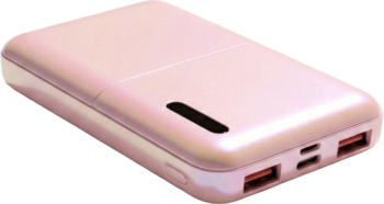 Perłowy power bank, prostokątny, z czterema portami USB i gładkim, błyszczącym wykończeniem, widok z góry pod kątem.