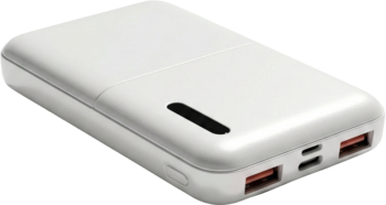 Biały, prostokątny power bank z gładkim wykończeniem, czarnym panelem i wieloma portami USB, ujęcie z góry pod kątem.