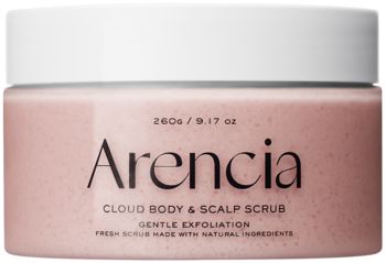Arencia Cloud Body & Scalp Scrub w jasnoróżowym słoiku z białą zakrętką, widok z przodu.