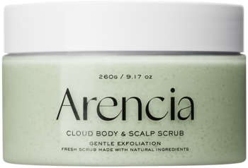 Pistacjowy Arencia Cloud Body & Scalp Scrub, widoczny front słoika z białą pokrywką, delikatnie teksturowany.